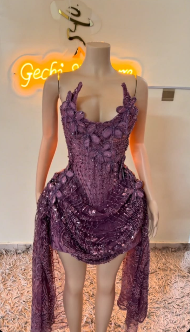 Modisches lila Hoco-Kleid, trägerloses Etuikleid für Geburtstage, Tüll-Applikationskleid für Partys ED09747