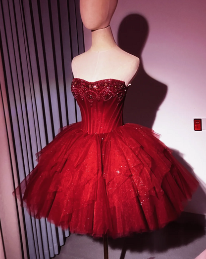 Robe de bal rouge tendance Robe d'anniversaire bustier trapèze en tulle orné de dentelle pour soirée ED09748