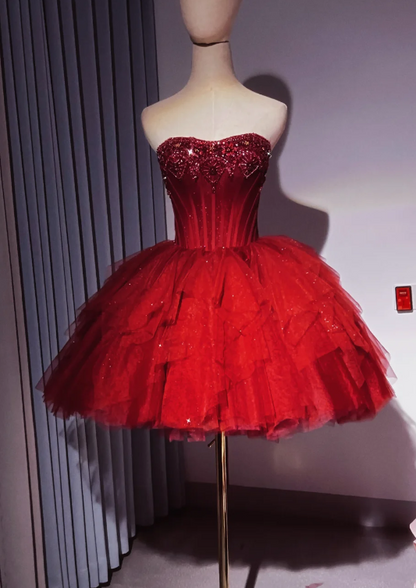 Robe de bal rouge tendance Robe d'anniversaire bustier trapèze en tulle orné de dentelle pour soirée ED09748