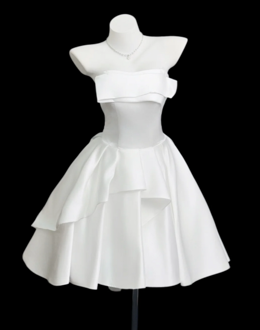 Robe de mariée courte simple en satin trapèze blanc ED09748