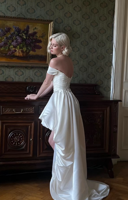 Simple White A-Line Satin Short Wedding Dress ED09749