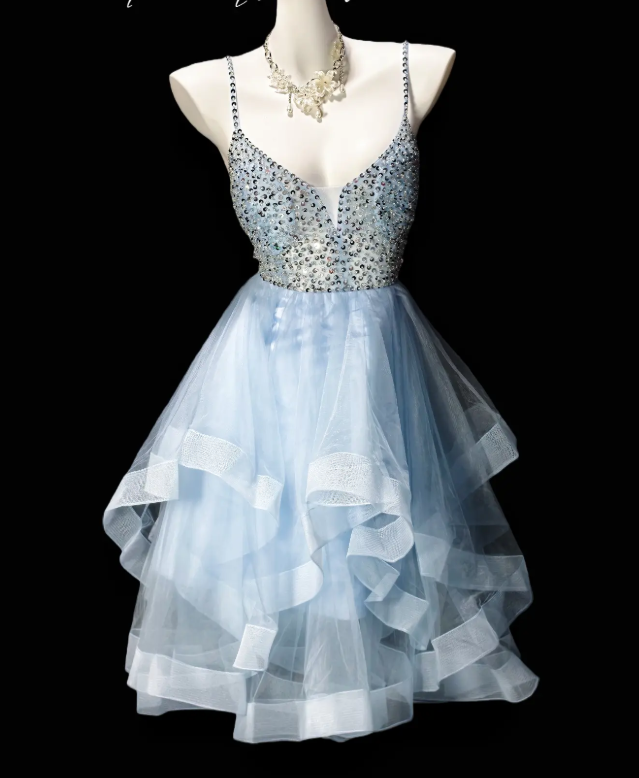 Robe de soirée bleu pâle, bretelles, coupe trapèze, robe d'anniversaire, robe en tulle pour soirée ED09750