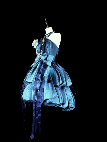 Robe de bal bleu mode Robe d'anniversaire bustier trapèze en satin pour soirée ED09751
