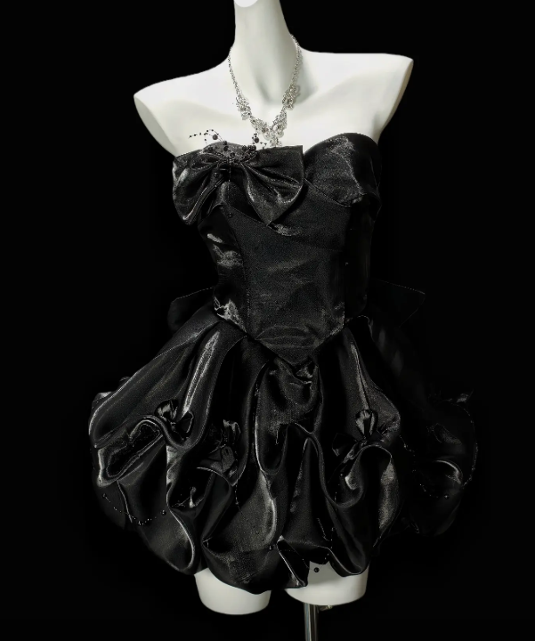 Robe de soirée noire Hoco sans bretelles coupe trapèze en satin pour anniversaire ED09752