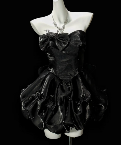 Robe de soirée noire Hoco sans bretelles coupe trapèze en satin pour anniversaire ED09752