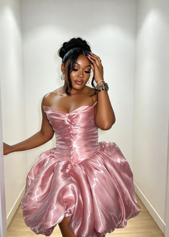 Robe de soirée rose coupe trapèze en satin avec encolure en cœur ED09754