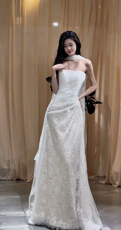 Chic White Bridal Gown Sheath Tulle Beaded Wedding Dress ED09756