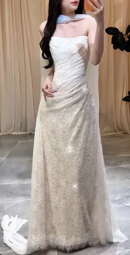 Chic White Bridal Gown Sheath Tulle Beaded Wedding Dress ED09756