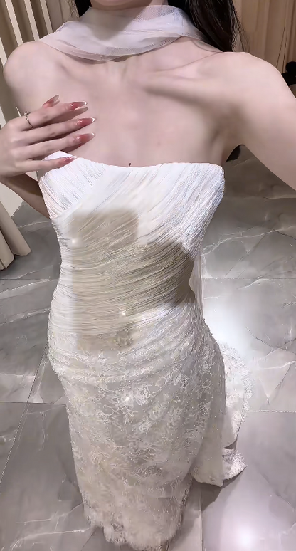Chic White Bridal Gown Sheath Tulle Beaded Wedding Dress ED09756