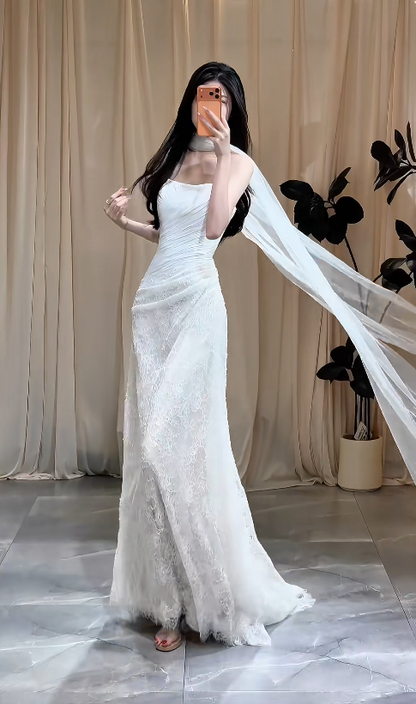 Chic White Bridal Gown Sheath Tulle Beaded Wedding Dress ED09756