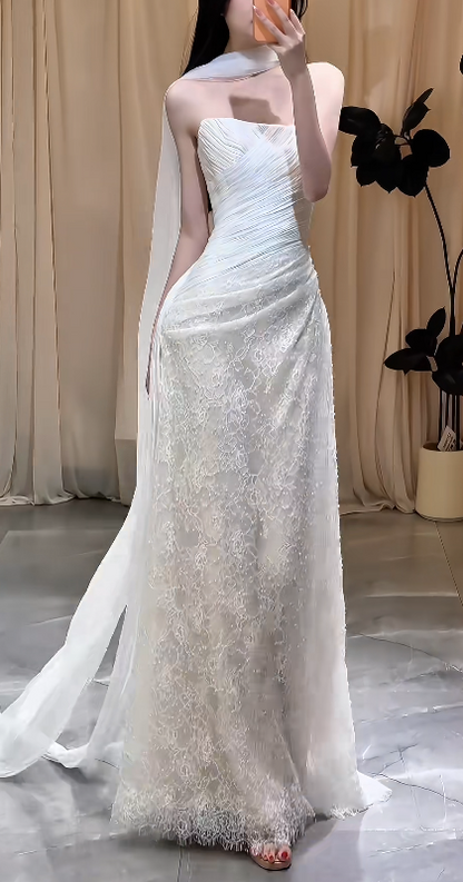 Chic White Bridal Gown Sheath Tulle Beaded Wedding Dress ED09756