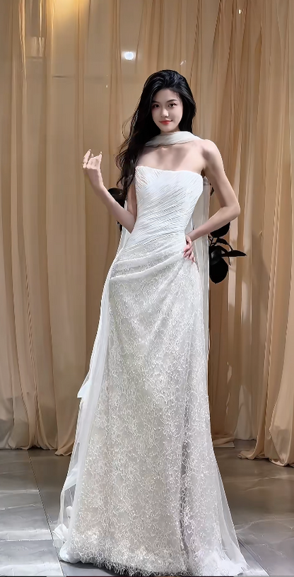 Chic White Bridal Gown Sheath Tulle Beaded Wedding Dress ED09756