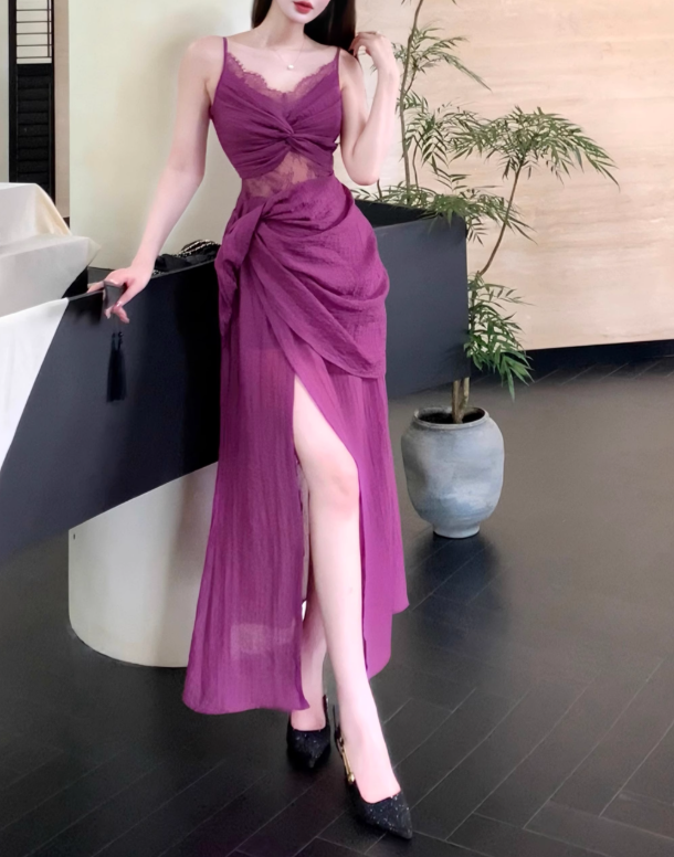 French retro lace seaside holiday purple dress ED0975