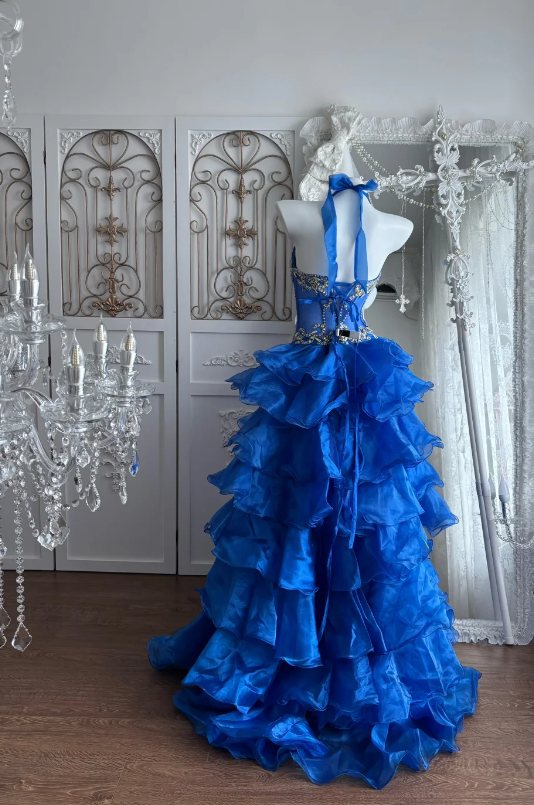 Glam Blue Prom Dress Chiffon A-Line Evening Dress ED09763