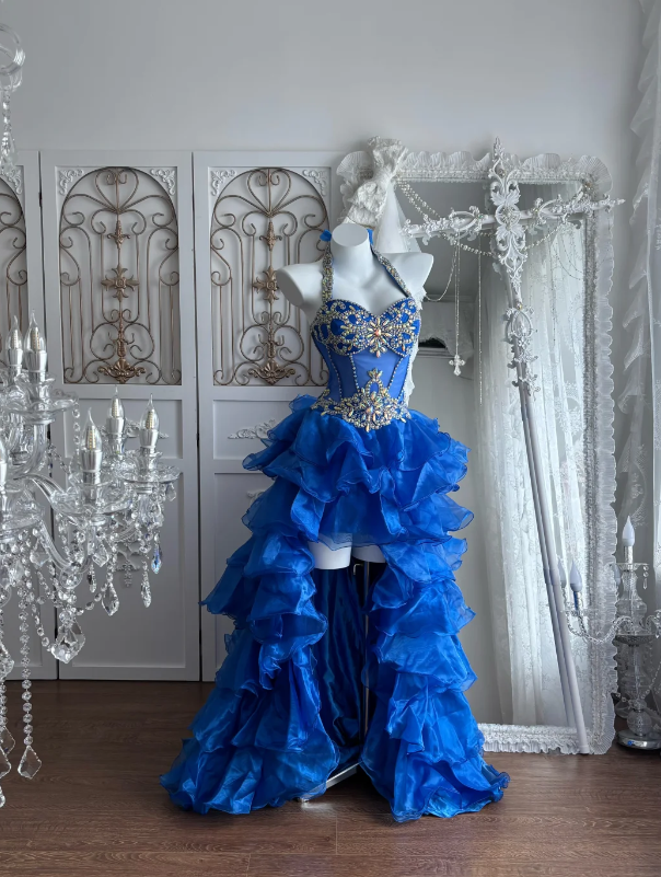 Glam Blue Prom Dress Chiffon A-Line Evening Dress ED09763