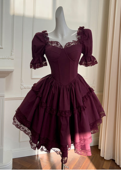 Burgunderrotes kurzärmeliges Spitzenkleid, Abendkleid für Erwachsene ED0976