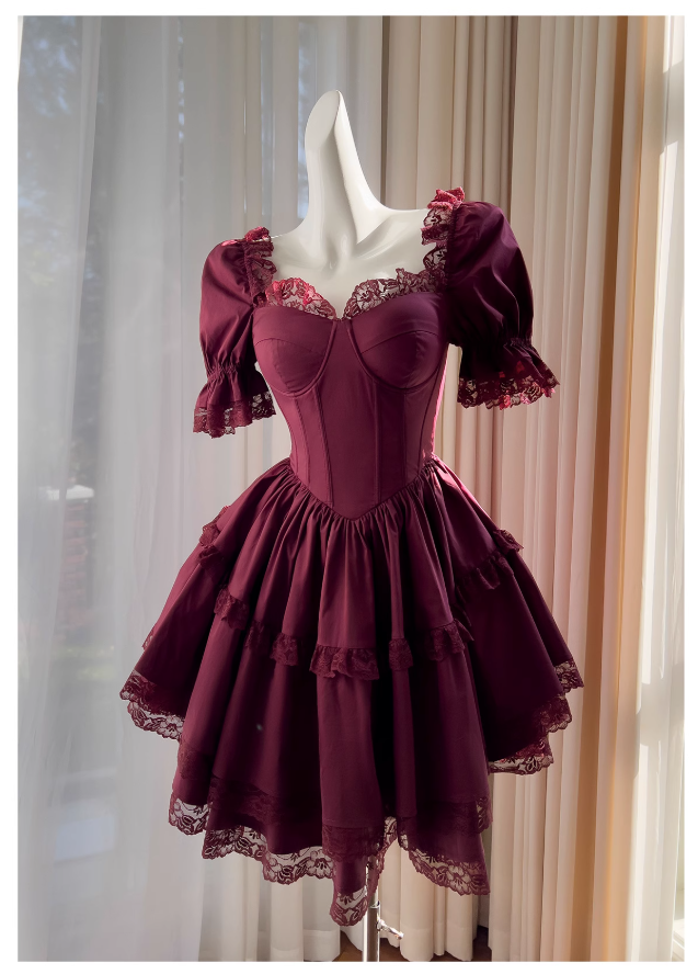 Burgunderrotes kurzärmeliges Spitzenkleid, Abendkleid für Erwachsene ED0976