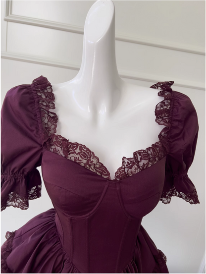 Burgunderrotes kurzärmeliges Spitzenkleid, Abendkleid für Erwachsene ED0976