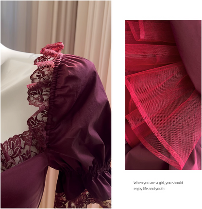Burgunderrotes kurzärmeliges Spitzenkleid, Abendkleid für Erwachsene ED0976