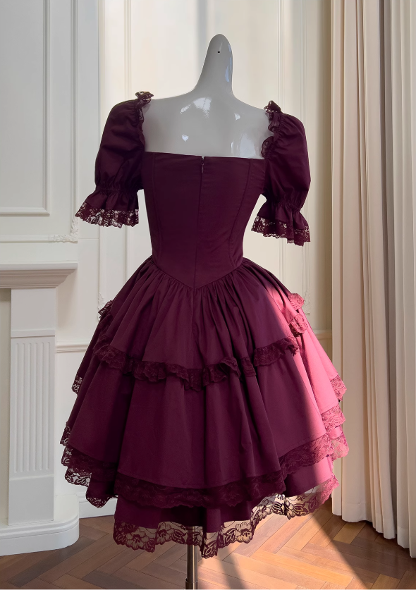 Burgunderrotes kurzärmeliges Spitzenkleid, Abendkleid für Erwachsene ED0976