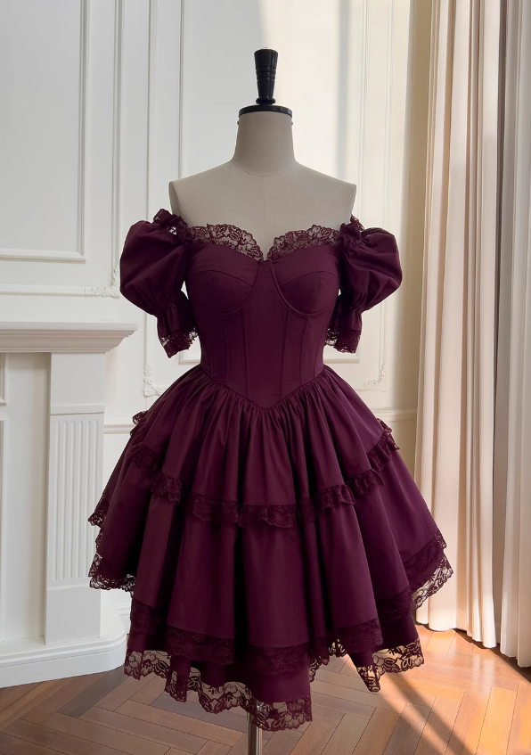 Burgunderrotes kurzärmeliges Spitzenkleid, Abendkleid für Erwachsene ED0976