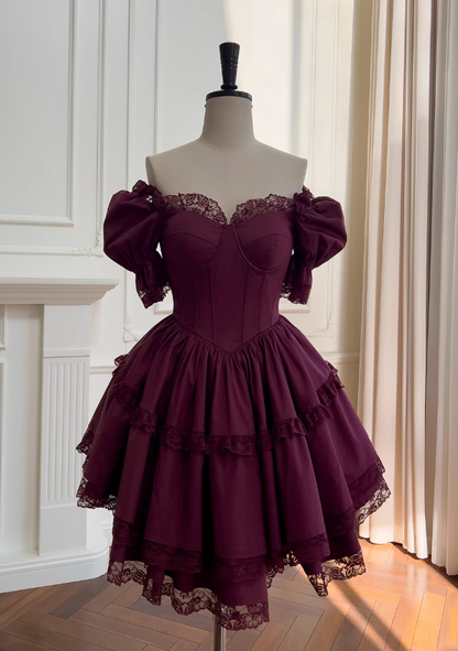 Burgunderrotes kurzärmeliges Spitzenkleid, Abendkleid für Erwachsene ED0976