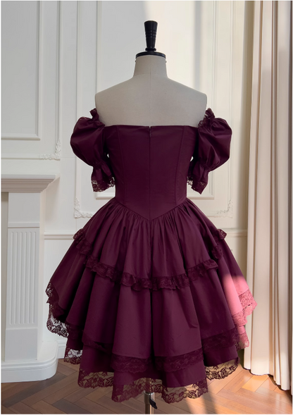 Burgunderrotes kurzärmeliges Spitzenkleid, Abendkleid für Erwachsene ED0976