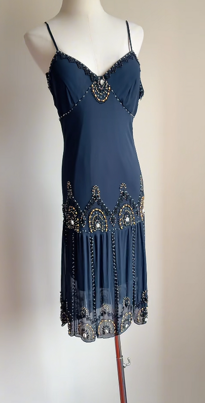 Glam Navy Blue Short Homecoming Dress Chiffon Beaded Sheath Birthday Dress ED09776
