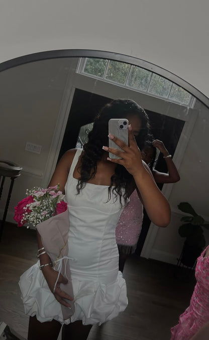 Glam White Short Homecoming Dress Satin Sheath Birthday Dress ED09779