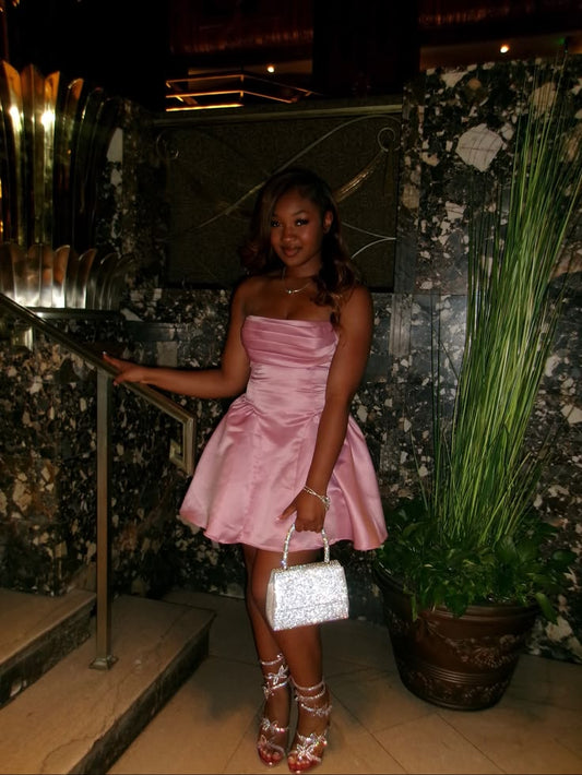Robe Courte de Soirée Glamour Rose en Satin Coupe A-ligne Robe d'anniversaire ED09788