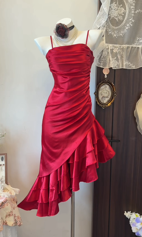 Glam Red Short Homecoming Dress Satin Sheath Birthday Dress ED09791