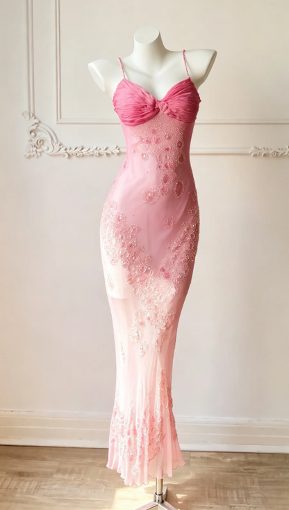 Glam Pink Prom Dress Chiffon Sheath Beaded Evening Dress  ED09793