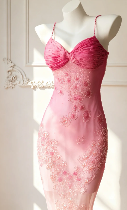 Glam Pink Prom Dress Chiffon Sheath Beaded Evening Dress  ED09793