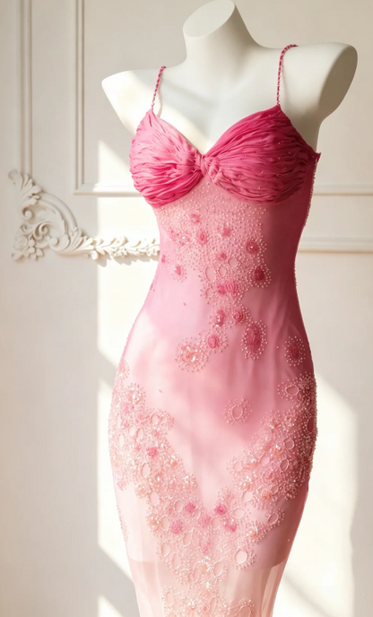Glam Pink Prom Dress Chiffon Sheath Beaded Evening Dress  ED09793