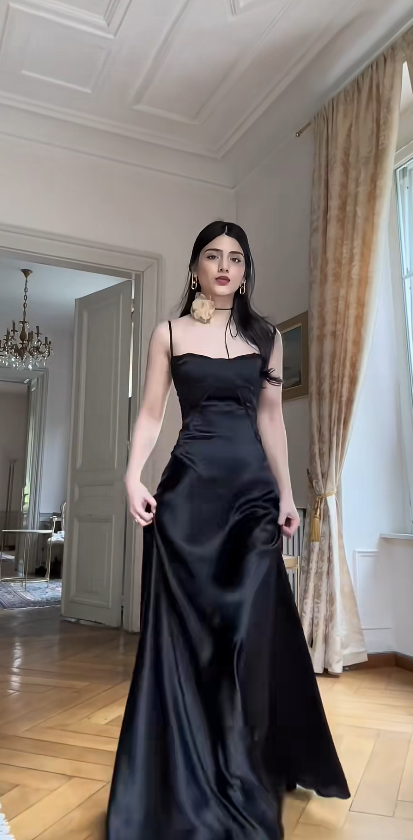 Robe de soirée fourreau chic noire en satin longue ED09794
