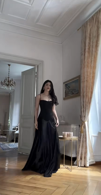 Robe de soirée fourreau chic noire en satin longue ED09794