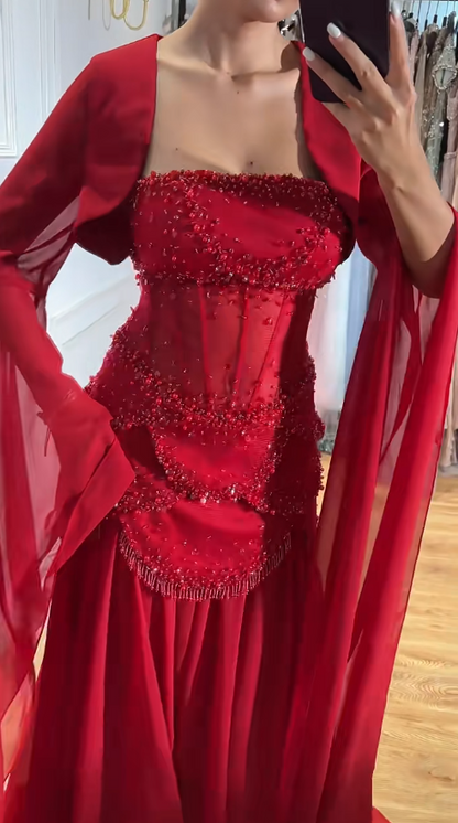 Elegantes rotes Abendkleid Etui Chiffon Langes Ballkleid ED09795