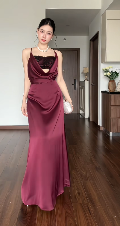 Chic Burgundy Evening Dress Sheath Chiffon Long Prom Dress ED09796