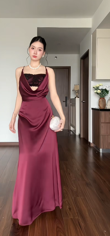 Chic Burgundy Evening Dress Sheath Chiffon Long Prom Dress ED09796