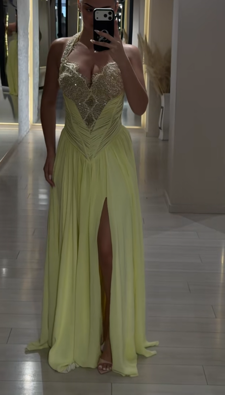 Chic Yellow Evening Dress Sheath Chiffon Long Prom Dress ED09797