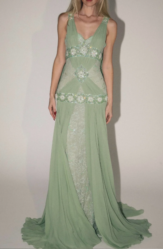 Chic Green Evening Dress Sheath Chiffon Beaded Long Prom Dress ED09801