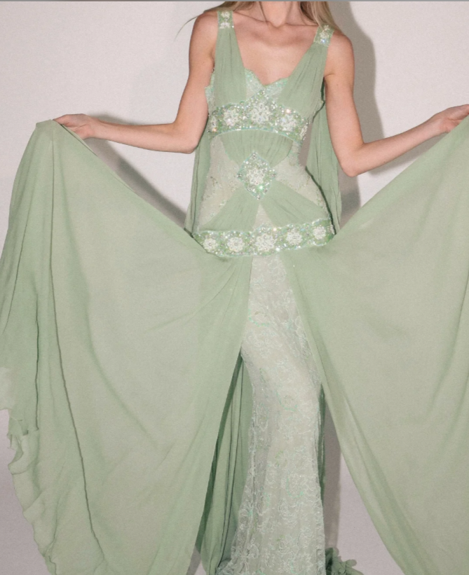 Chic Green Evening Dress Sheath Chiffon Beaded Long Prom Dress ED09801