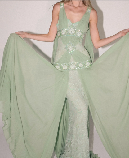 Chic Green Evening Dress Sheath Chiffon Beaded Long Prom Dress ED09801