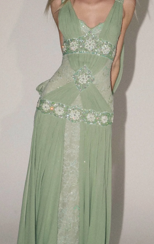 Chic Green Evening Dress Sheath Chiffon Beaded Long Prom Dress ED09801