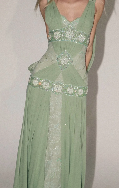Chic Green Evening Dress Sheath Chiffon Beaded Long Prom Dress ED09801