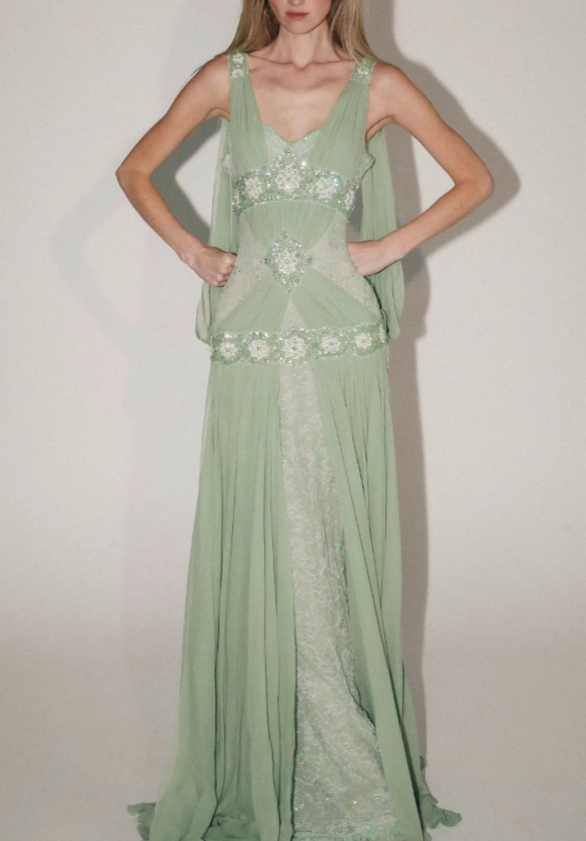 Chic Green Evening Dress Sheath Chiffon Beaded Long Prom Dress ED09801