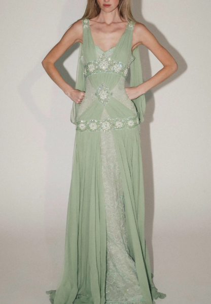 Chic Green Evening Dress Sheath Chiffon Beaded Long Prom Dress ED09801