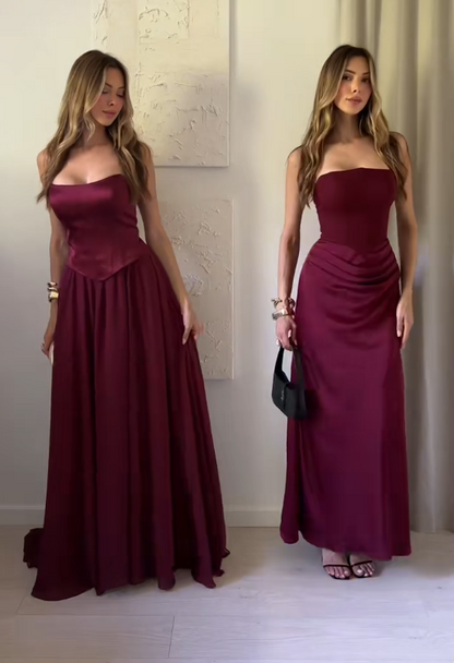 Robe de soirée chic fourreau bordeaux en mousseline de soie longue pour le bal de promo ED09803