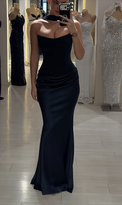 Chic Navy Blue Evening Dress Sheath Satin Long Prom Dress ED09804