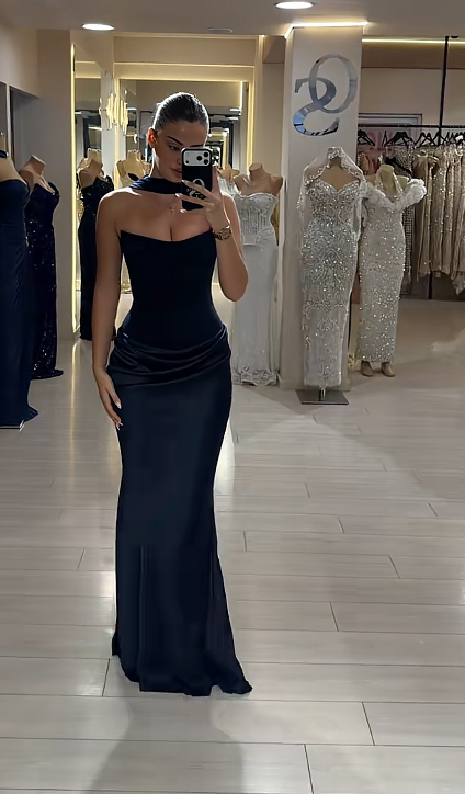 Chic Navy Blue Evening Dress Sheath Satin Long Prom Dress ED09804